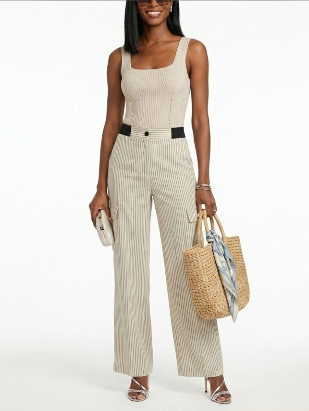 Nwot Ovi Beige Pinstripe Wide-Leg Cargo Pants